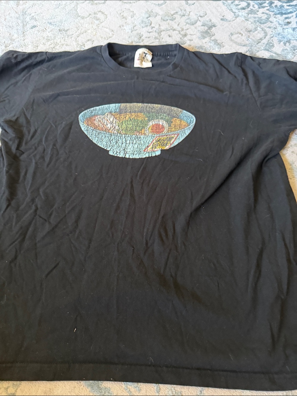 Black Graphic Crewneck T-Shirt with Blue Bowl Design